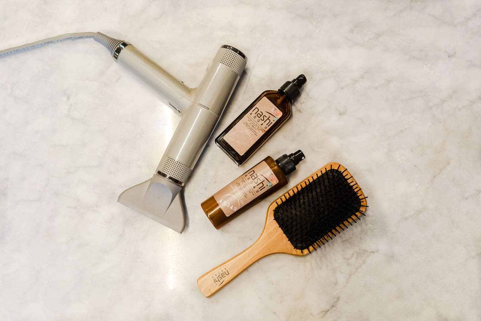 Hair salon tools laid out on a surface